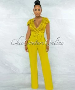 Vendor-unknown Fiorella Lime Yellow Lace Sheer Top Bow Belted Jumpsuit