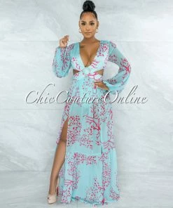 Vendor-unknown Mahona Aqua Fuchsia Print O-Ring Maxi Bodysuit Dress JUST IN