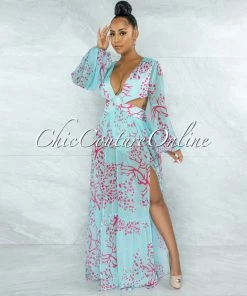 Vendor-unknown Mahona Aqua Fuchsia Print O-Ring Maxi Bodysuit Dress JUST IN