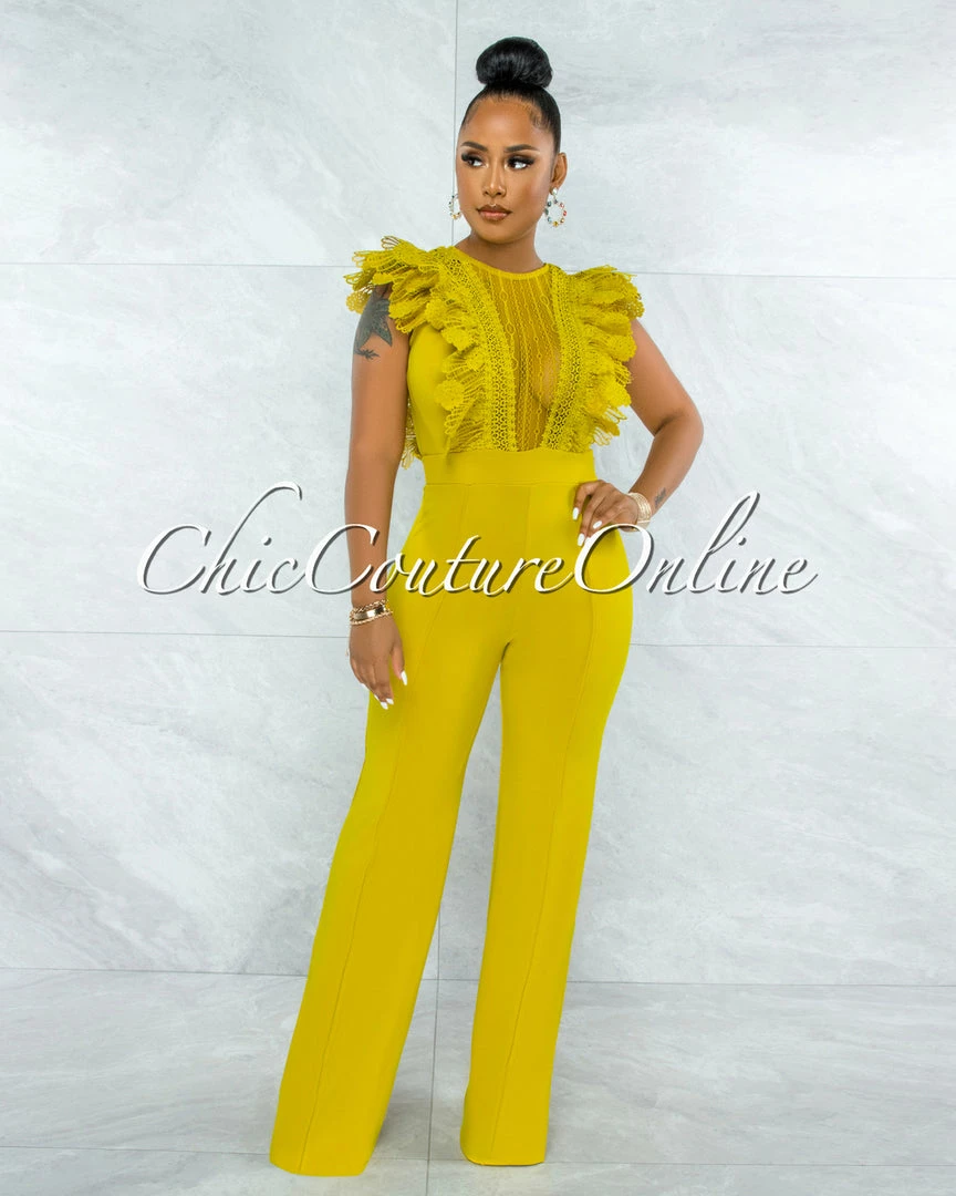 Vendor-unknown JUST IN Caramelo Lime Yellow Lace Sheer Top Crochet Jumpsuit