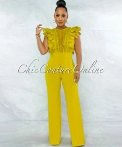 Vendor-unknown JUST IN Caramelo Lime Yellow Lace Sheer Top Crochet Jumpsuit