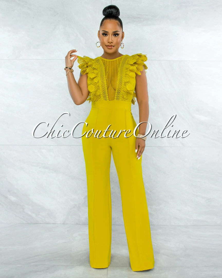 Vendor-unknown JUST IN Caramelo Lime Yellow Lace Sheer Top Crochet Jumpsuit
