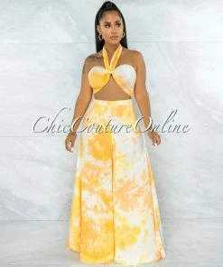 Vendor-unknown JUST IN Aaka Yellow Tie-Dye Multi-Way Top & Wide Legs Set