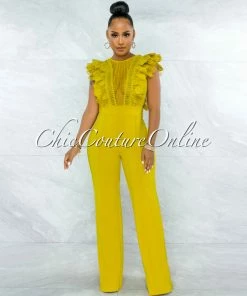 Vendor-unknown JUST IN Caramelo Lime Yellow Lace Sheer Top Crochet Jumpsuit
