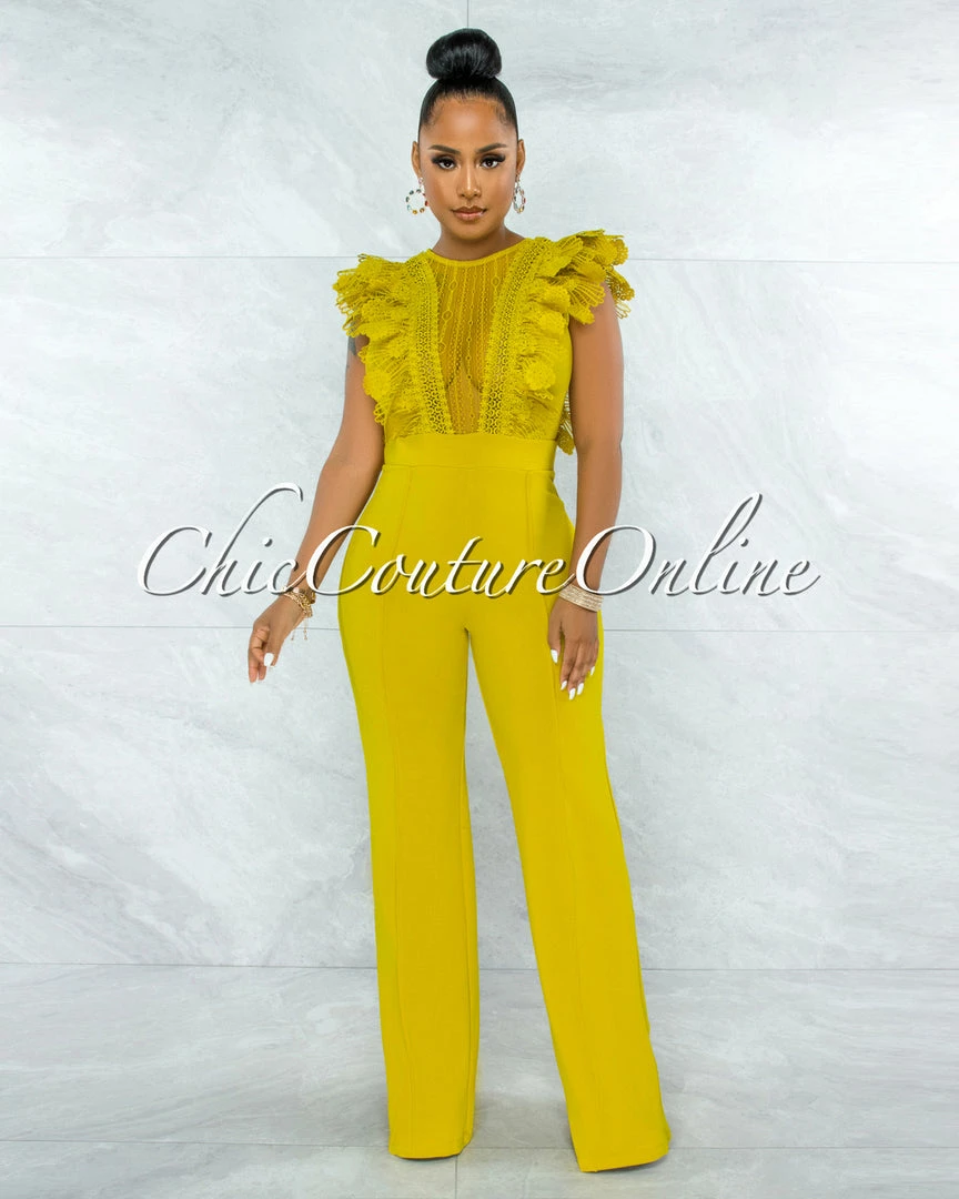 Vendor-unknown JUST IN Caramelo Lime Yellow Lace Sheer Top Crochet Jumpsuit