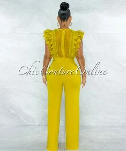 Vendor-unknown JUST IN Caramelo Lime Yellow Lace Sheer Top Crochet Jumpsuit
