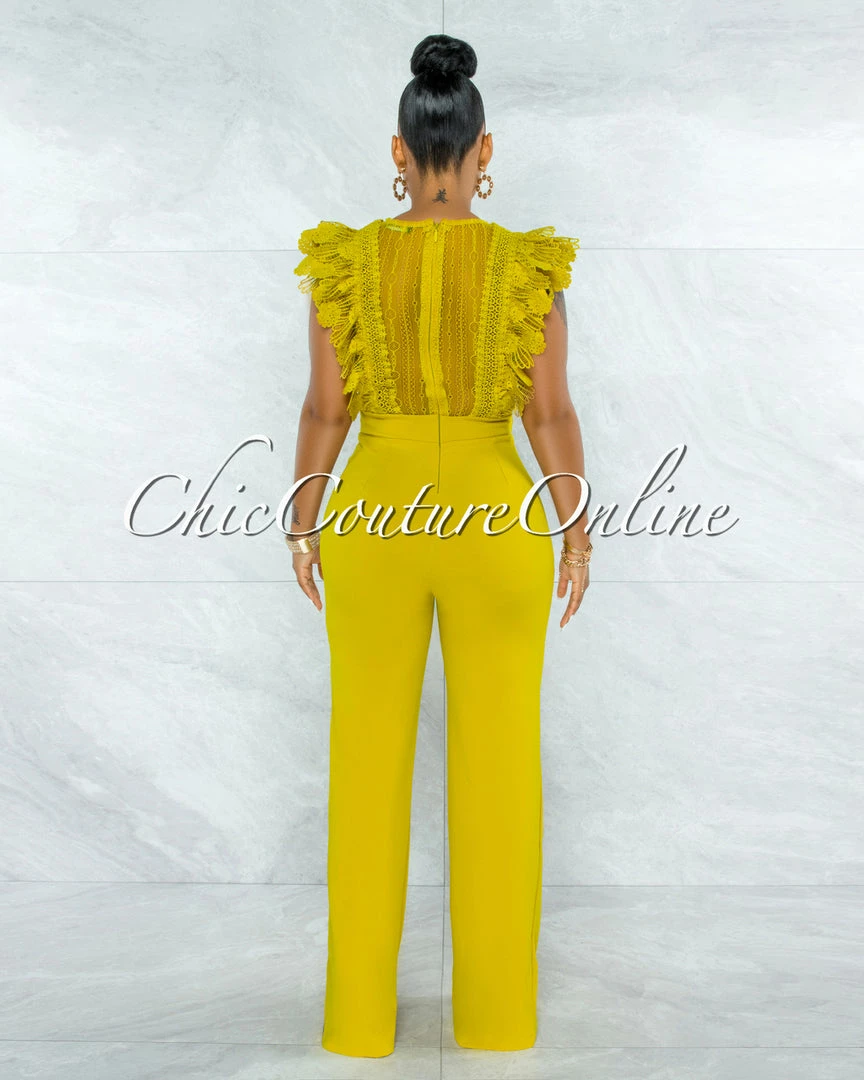 Vendor-unknown JUST IN Caramelo Lime Yellow Lace Sheer Top Crochet Jumpsuit