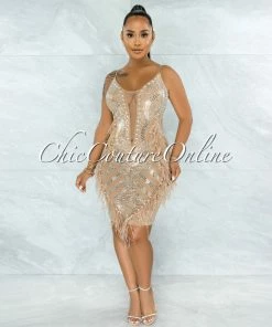 Vendor-unknown JUST IN Denise Nude Mesh Pearls & Rhinestones Feathers Bodysuit Dress
