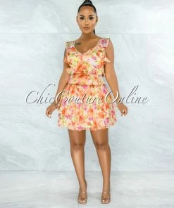 Vendor-unknown Meadad Salmon Floral Print Ruffle Top & Skirt Set JUST IN