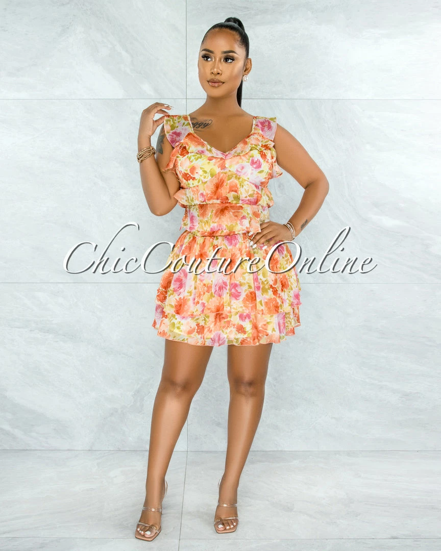 Vendor-unknown Meadad Salmon Floral Print Ruffle Top & Skirt Set JUST IN