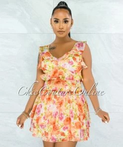 Vendor-unknown Meadad Salmon Floral Print Ruffle Top & Skirt Set JUST IN