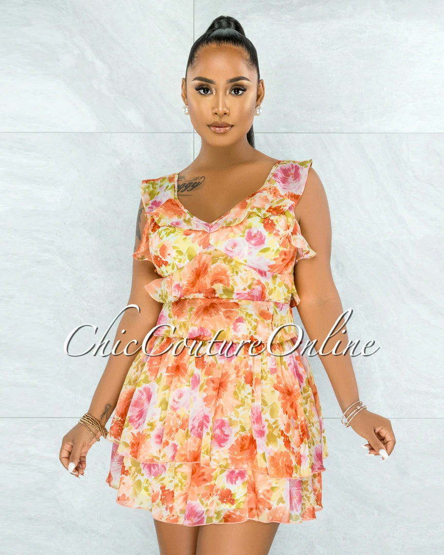 Vendor-unknown Meadad Salmon Floral Print Ruffle Top & Skirt Set JUST IN