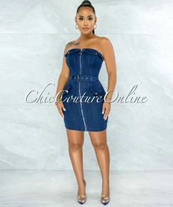 Vendor-unknown Halleia Dark Denim Front Silver Zipper Belt Dress