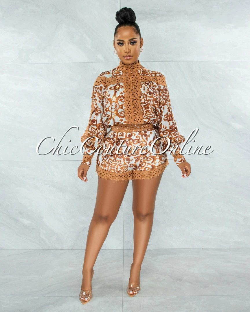 Vendor-unknown Warda Camel Print Crochet Pearl Sheer Blouse & Shorts Set JUST IN