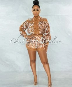 Vendor-unknown Warda Camel Print Crochet Pearl Sheer Blouse & Shorts Set JUST IN