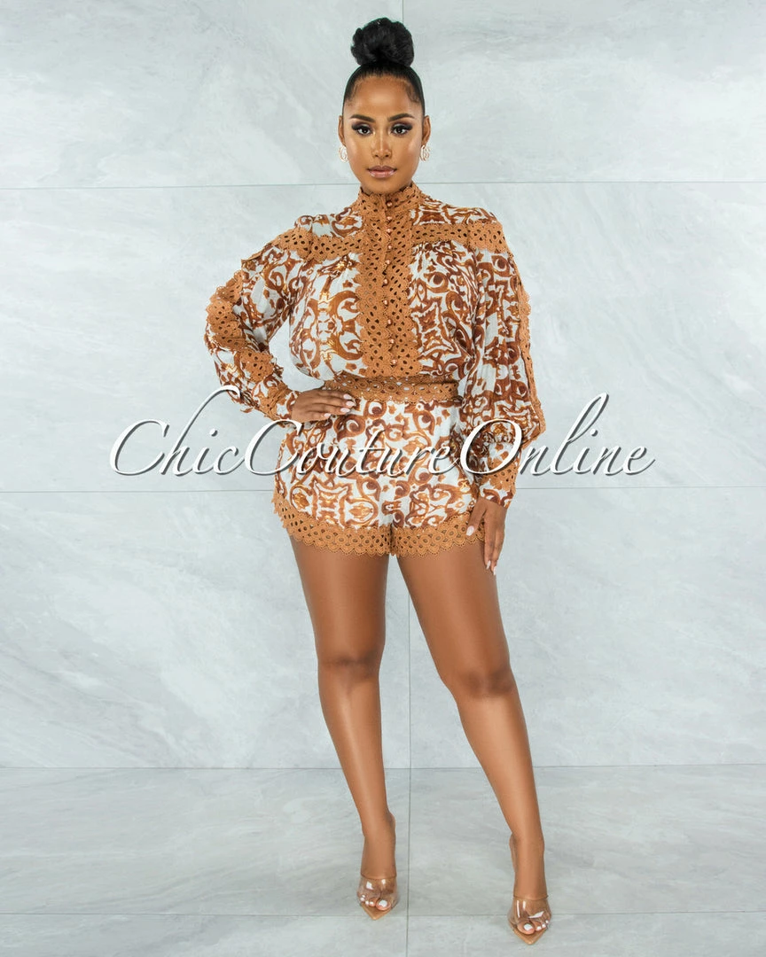 Vendor-unknown Warda Camel Print Crochet Pearl Sheer Blouse & Shorts Set JUST IN