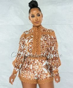 Vendor-unknown Warda Camel Print Crochet Pearl Sheer Blouse & Shorts Set JUST IN