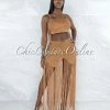 Vendor-unknown Benji Mocha Crochet Cover-Up Lace-Up Fringe Set