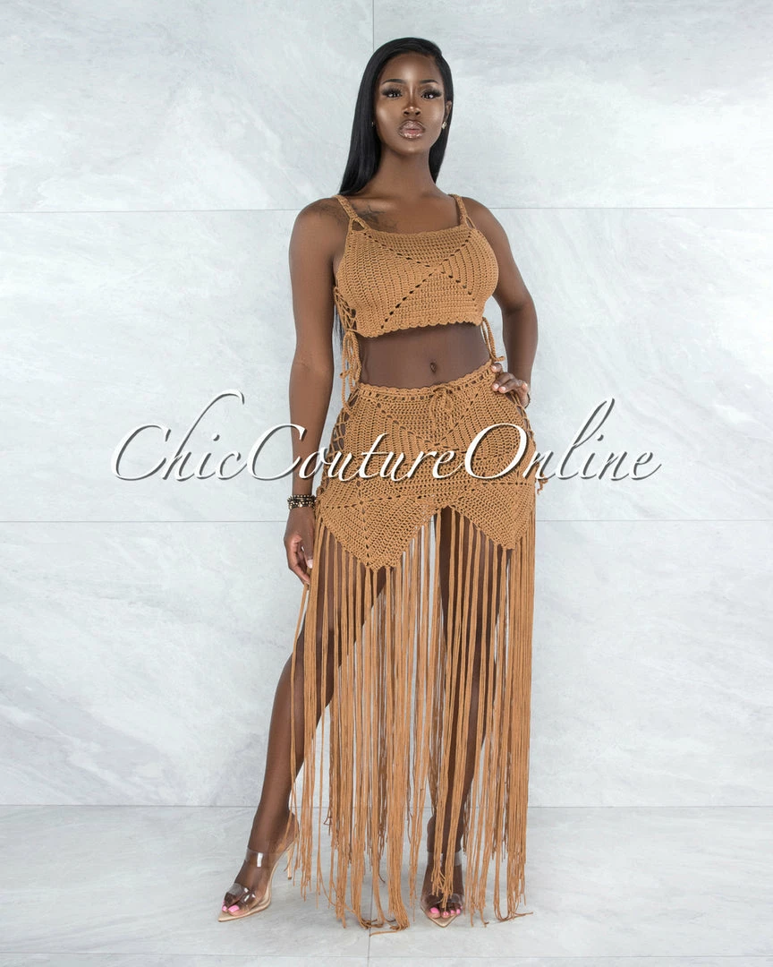 Vendor-unknown Benji Mocha Crochet Cover-Up Lace-Up Fringe Set