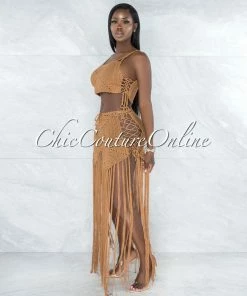 Vendor-unknown Benji Mocha Crochet Cover-Up Lace-Up Fringe Set