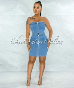 Vendor-unknown Halleia Light Denim Front Silver Zipper Belt Dress JUST IN