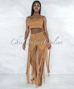 Vendor-unknown Benji Mocha Crochet Cover-Up Lace-Up Fringe Set