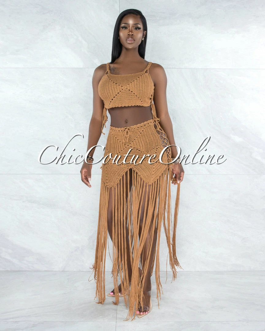 Vendor-unknown Benji Mocha Crochet Cover-Up Lace-Up Fringe Set