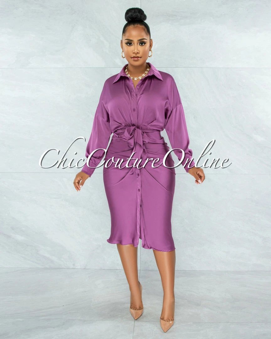 Vendor-unknown Michaela Mauve Draped Front Tie Shirt Midi Satin Dress JUST IN