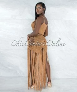 Vendor-unknown Benji Mocha Crochet Cover-Up Lace-Up Fringe Set