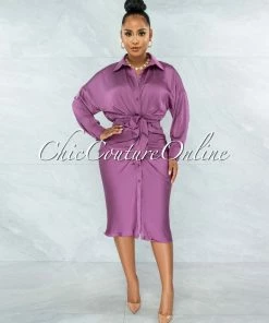 Vendor-unknown Michaela Mauve Draped Front Tie Shirt Midi Satin Dress JUST IN