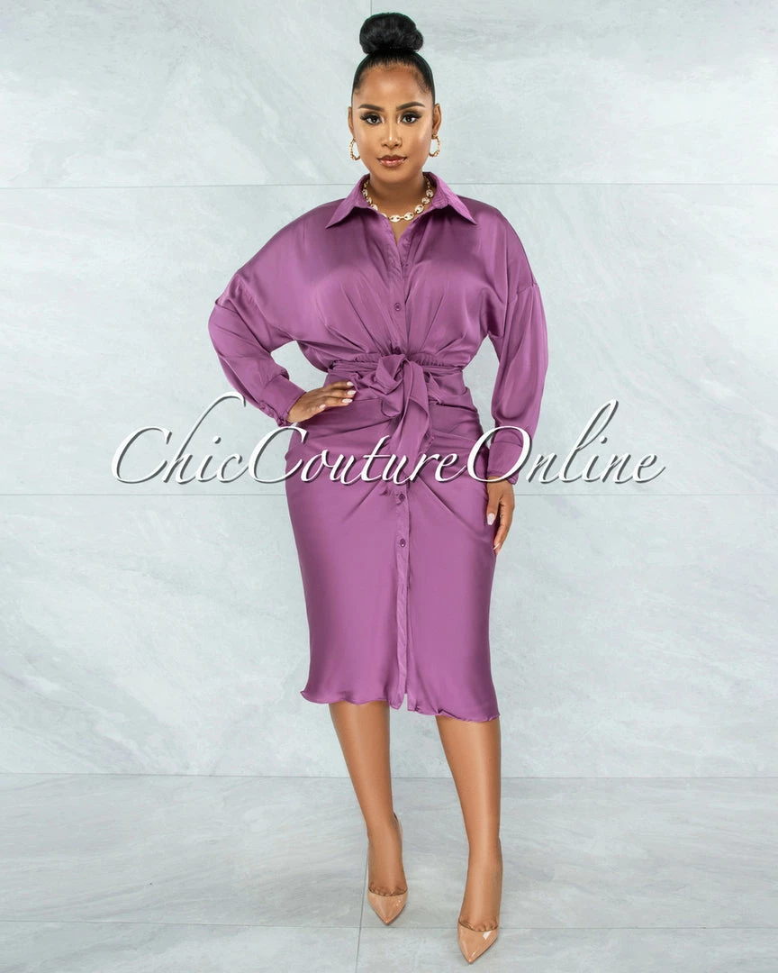 Vendor-unknown Michaela Mauve Draped Front Tie Shirt Midi Satin Dress JUST IN
