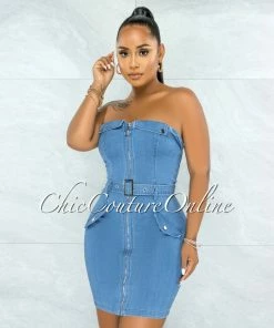 Vendor-unknown Halleia Light Denim Front Silver Zipper Belt Dress JUST IN