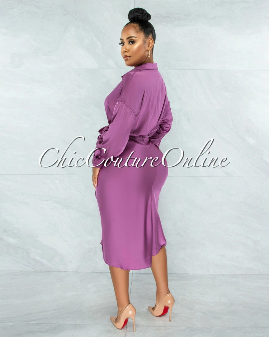 Vendor-unknown Michaela Mauve Draped Front Tie Shirt Midi Satin Dress JUST IN