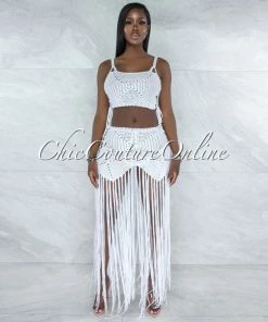 Vendor-unknown SWIM Benji Off-White Crochet Cover-Up Lace-Up Fringe Set