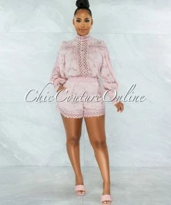 Vendor-unknown Bansuri Mauve Crochet Pearl Sheer Blouse & Shorts Set