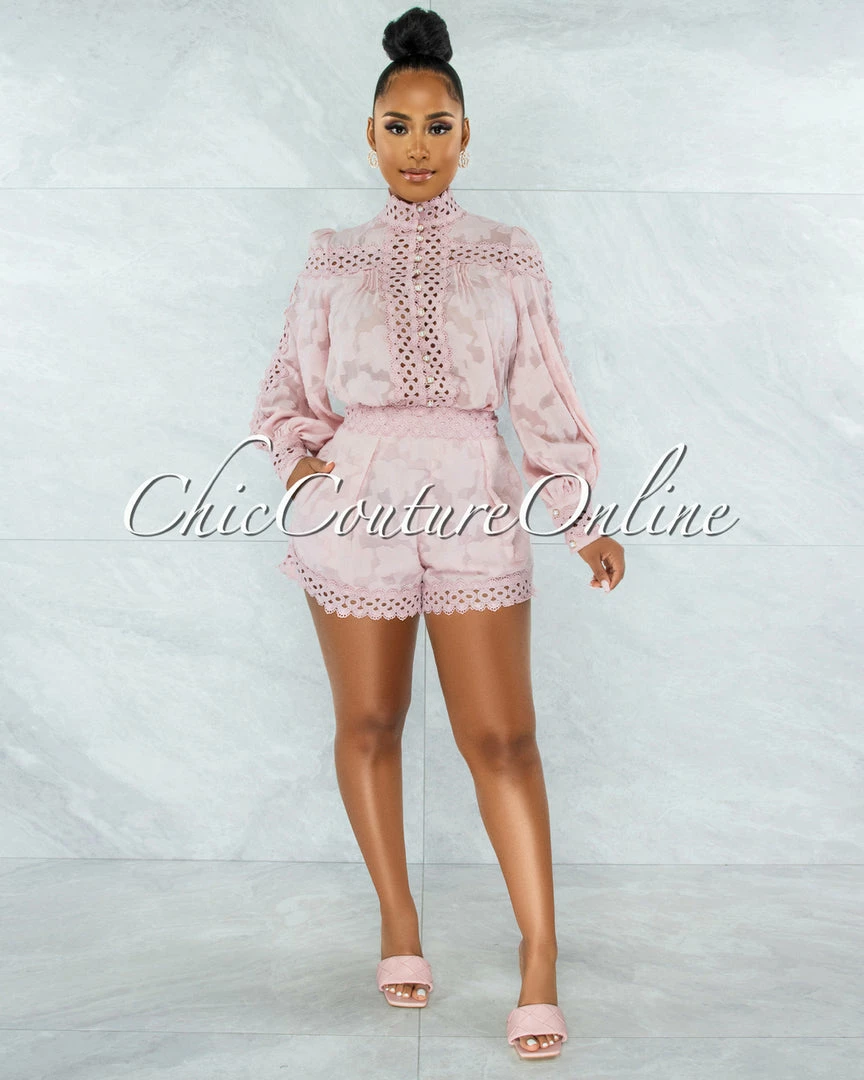Vendor-unknown Bansuri Mauve Crochet Pearl Sheer Blouse & Shorts Set