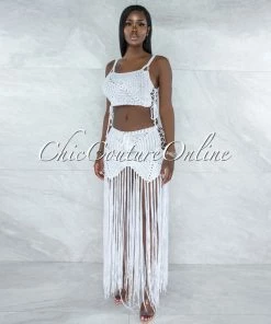 Vendor-unknown SWIM Benji Off-White Crochet Cover-Up Lace-Up Fringe Set