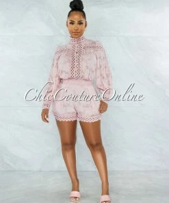 Vendor-unknown Bansuri Mauve Crochet Pearl Sheer Blouse & Shorts Set