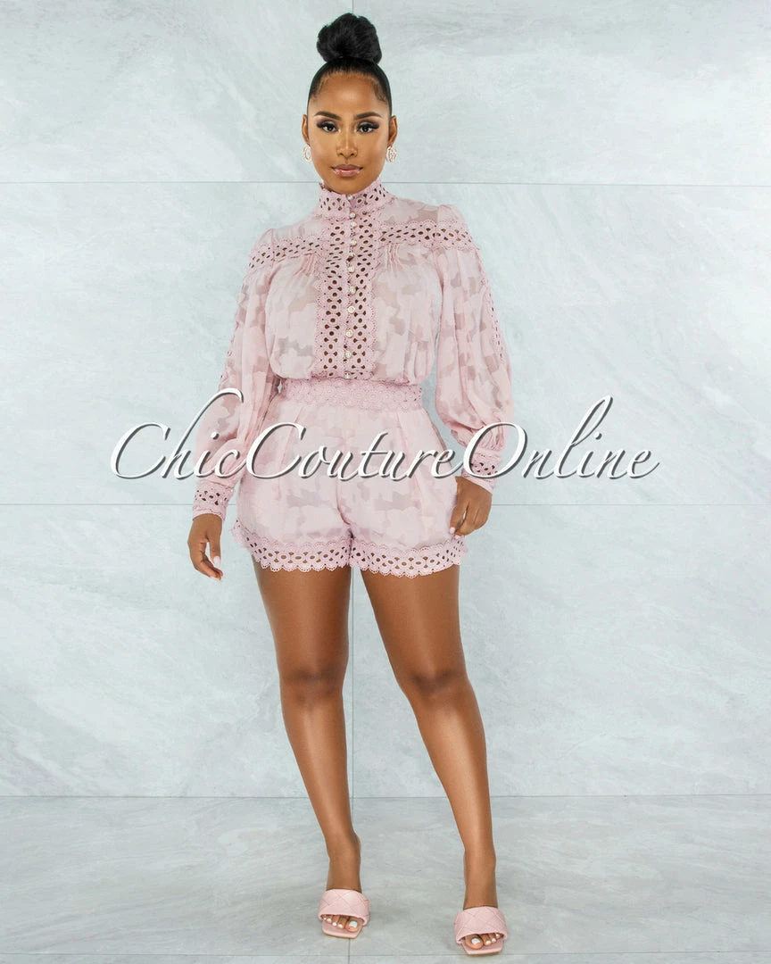 Vendor-unknown Bansuri Mauve Crochet Pearl Sheer Blouse & Shorts Set
