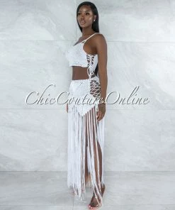 Vendor-unknown SWIM Benji Off-White Crochet Cover-Up Lace-Up Fringe Set