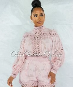 Vendor-unknown Bansuri Mauve Crochet Pearl Sheer Blouse & Shorts Set