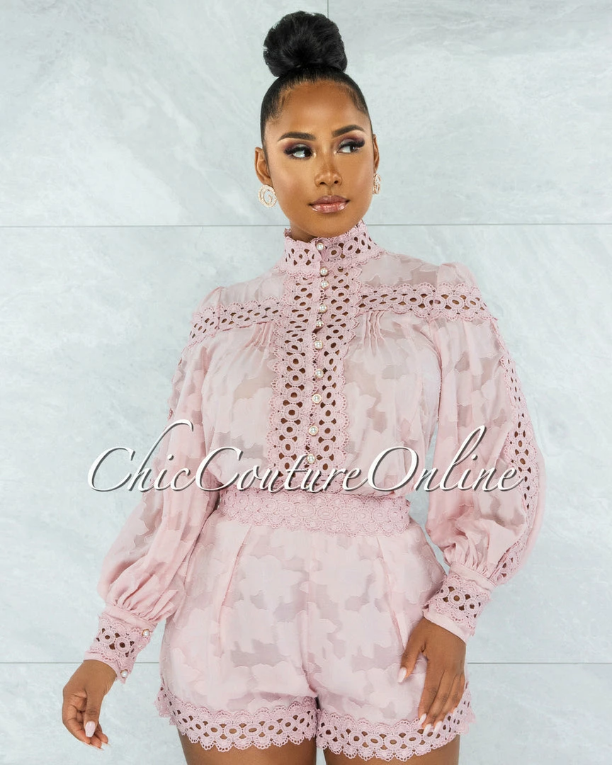 Vendor-unknown Bansuri Mauve Crochet Pearl Sheer Blouse & Shorts Set