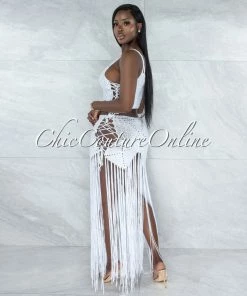 Vendor-unknown SWIM Benji Off-White Crochet Cover-Up Lace-Up Fringe Set
