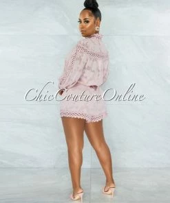 Vendor-unknown Bansuri Mauve Crochet Pearl Sheer Blouse & Shorts Set