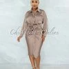 Vendor-unknown Michaela Taupe Draped Front Tie Shirt Midi Satin Dress JUST IN