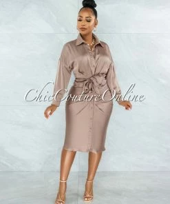 Vendor-unknown Michaela Taupe Draped Front Tie Shirt Midi Satin Dress JUST IN