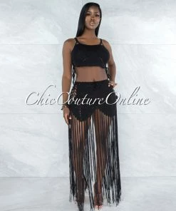 Vendor-unknown Benji Black Crochet Cover-Up Lace-Up Fringe Set SWIM