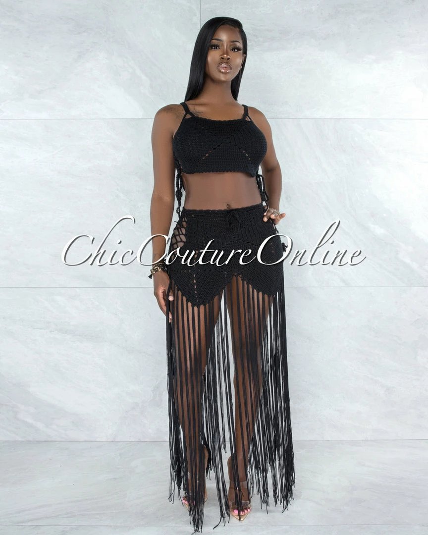 Vendor-unknown Benji Black Crochet Cover-Up Lace-Up Fringe Set SWIM