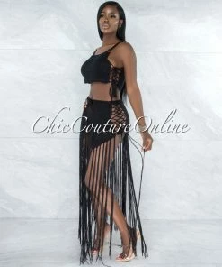 Vendor-unknown Benji Black Crochet Cover-Up Lace-Up Fringe Set SWIM