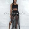 Vendor-unknown Benji Black Crochet Cover-Up Lace-Up Fringe Set SWIM